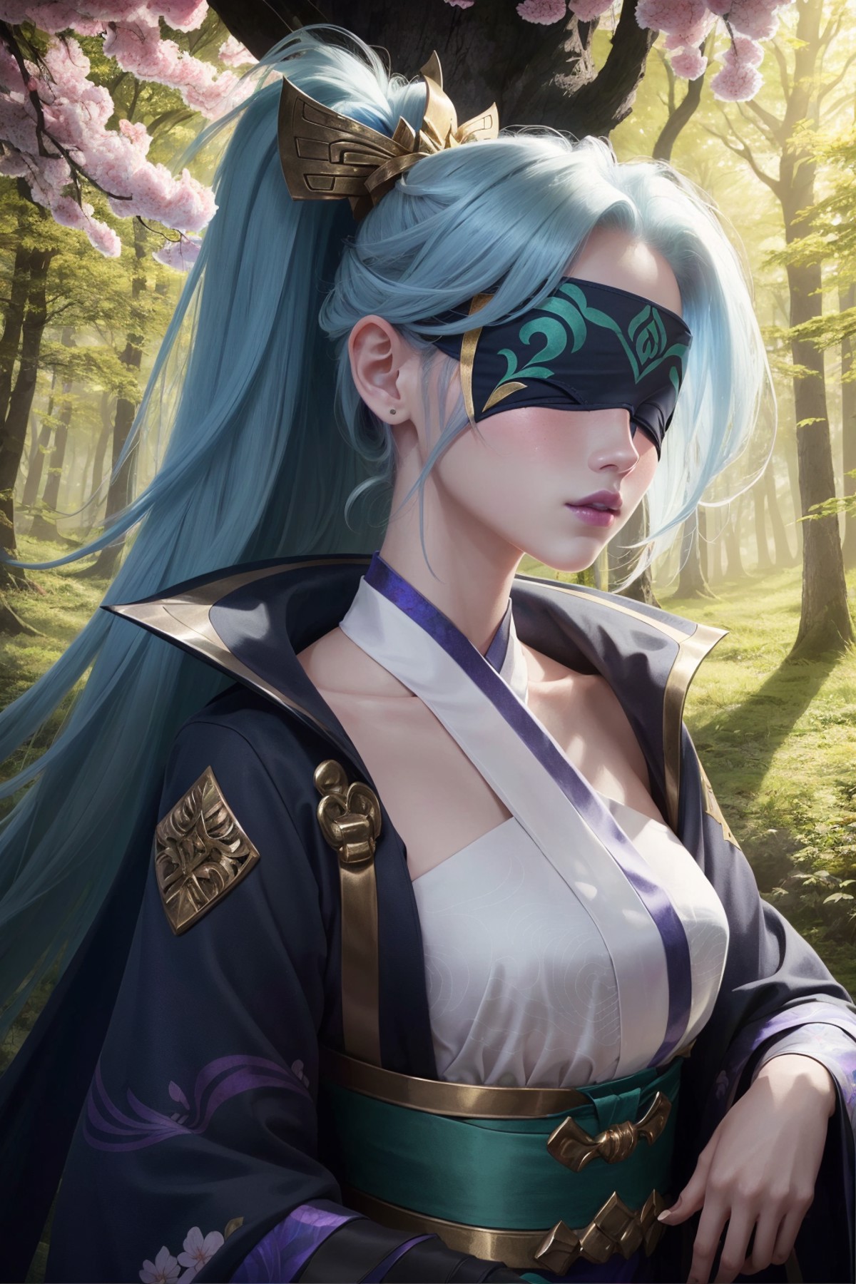 spirit blossom vayne, 1girl, blindfold, kimono, hair ornament, detailed face, looking at viewer, potrait, close-up, forest...